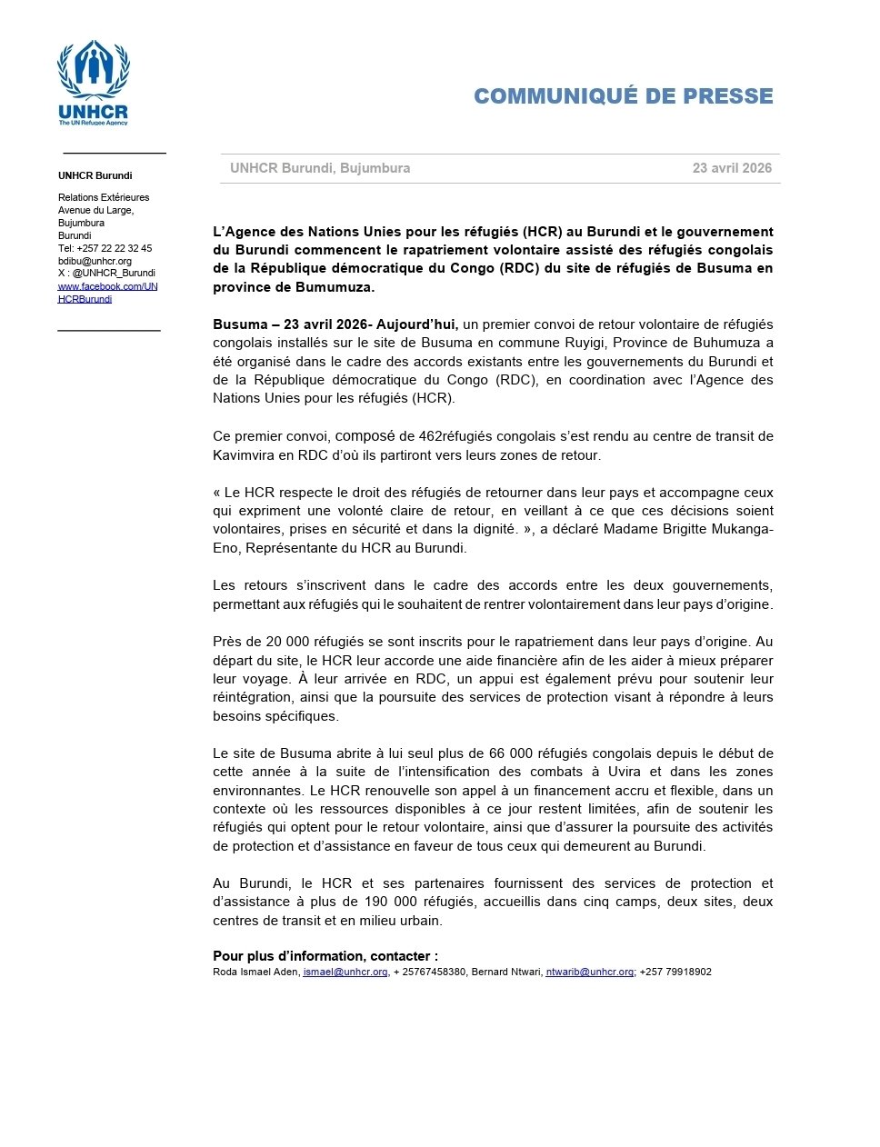Retour au pays : 462 réfugiés congolais quittent le Burundi dans une première vague de rapatriement volontaire